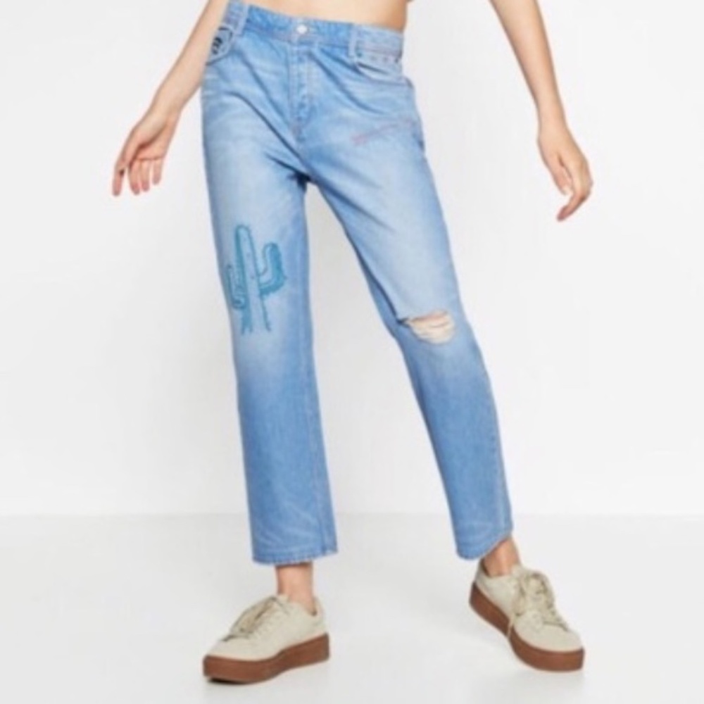 Zara Trafaluc - Embroidered Cactus Boyfriend Jeans